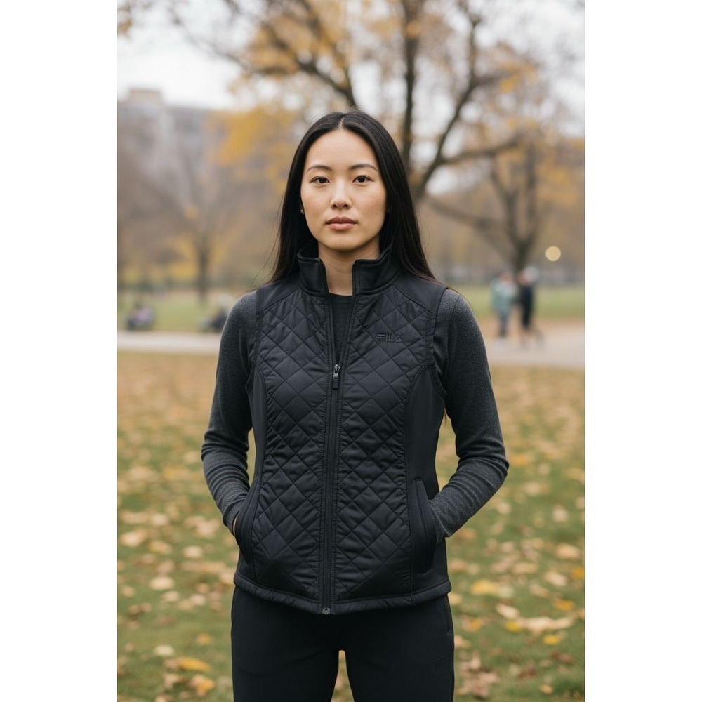 Fila Women's Quilted Vest SZ XS Black Sleeveless Lightweight Great For Travel